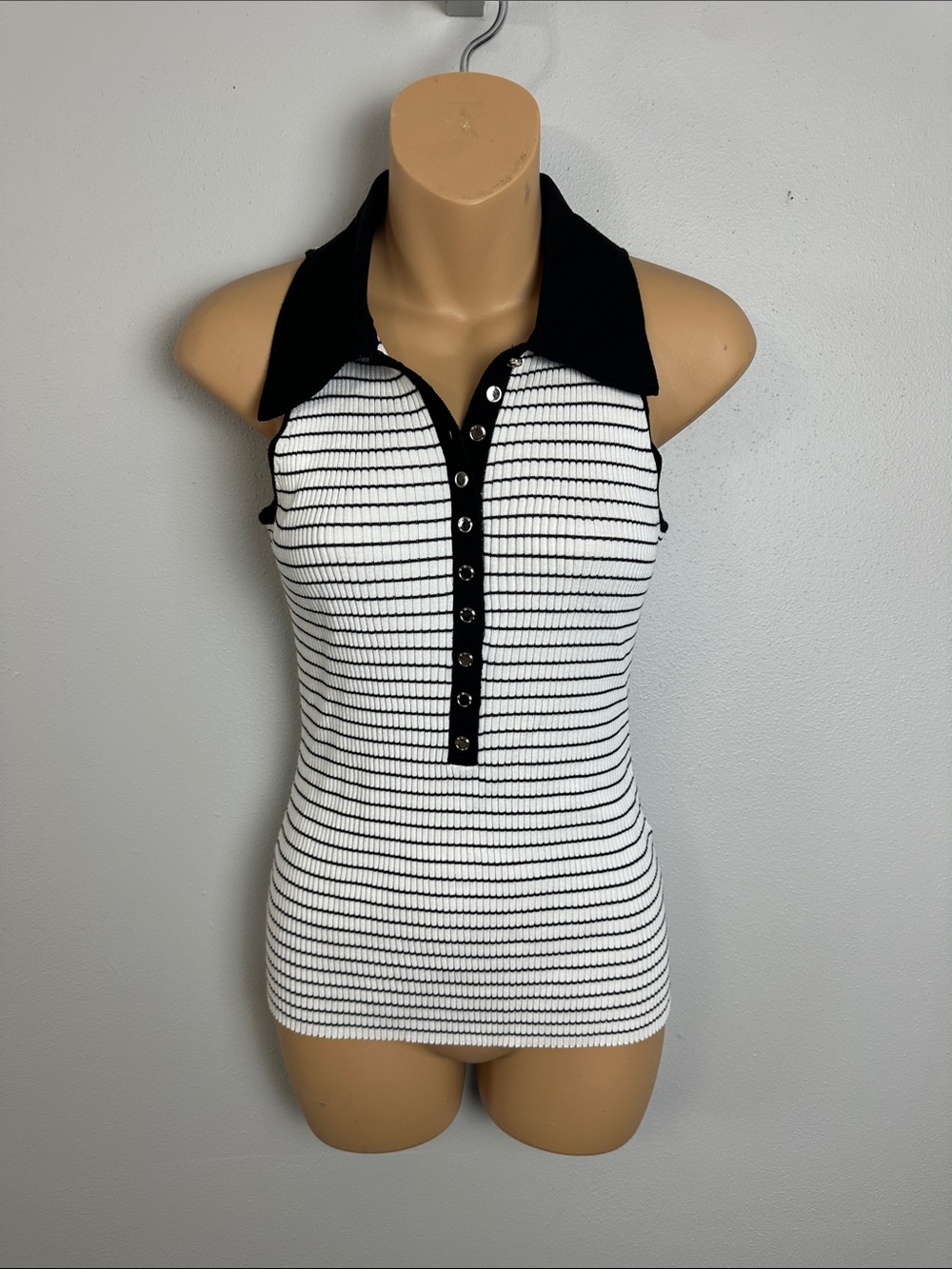 White House Black Market Black & White Striped Ribbed Button Down Polo Tank